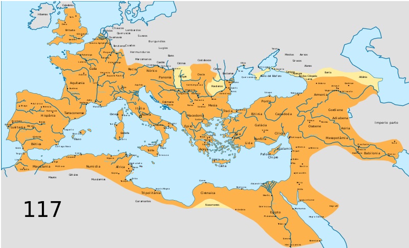  máxima extensión del Imperio Romano en el año 117 con Trajano, uno de los Emperadores Hispanos. Fuente Wikipedia