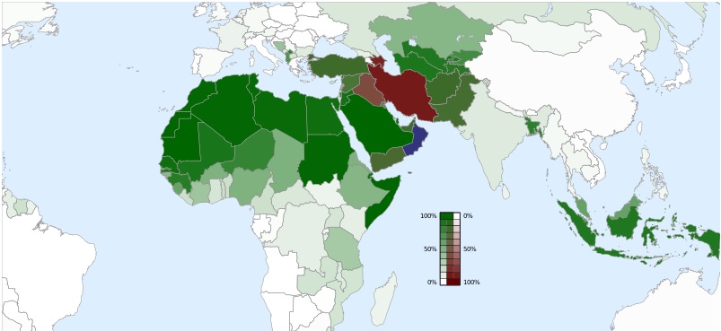 Mapa que refleja la actual difusión del islam a día de hoy, fuente wikipedia
