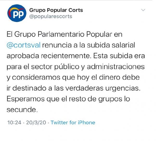 El Grupo Popular en Cortes Valencianas renuncia a la subida salarial y pide que los recursos se destinen a sanidad y servicios públicos