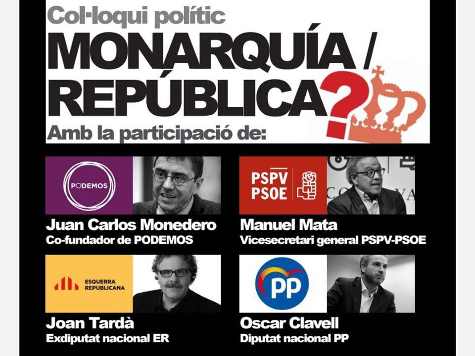 Coloquio sobre monarquía o república con presencia del Sindic del PSPV y un diputado del PP junto a ERC en Traiguera( Castello)