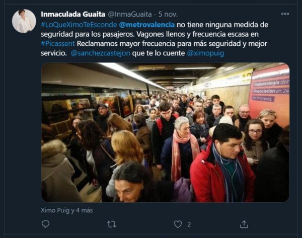 Mientras TRAM de Castelló incrementa las frecuencias para evitar aglomeraciones, Metrovalencia continúa a rebosar