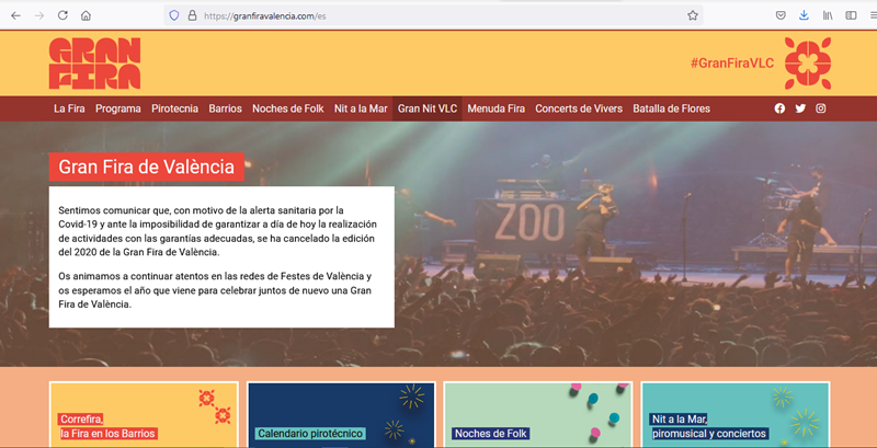 La web municipal de la Feria de Julio habla de actividades supendidas por COVID y la de los conciertos está en catalán pero no en valenciano