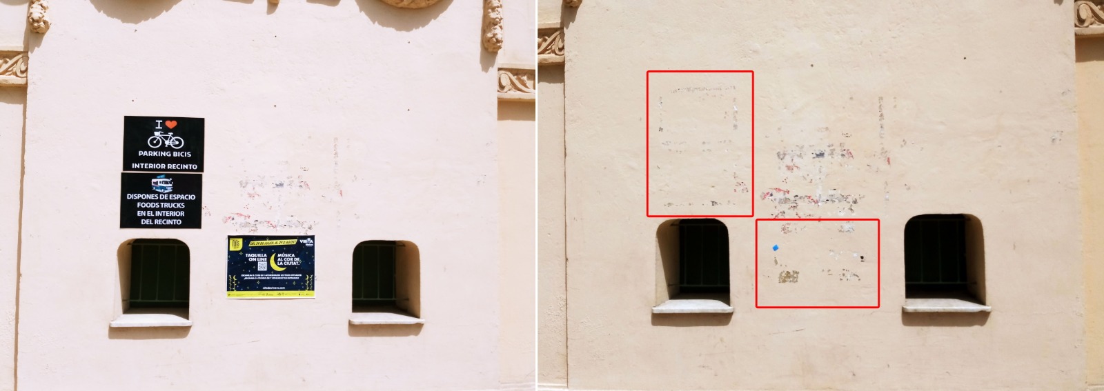 Deterioro de las taquillas de los Jardines del Real provocada por pegar carteles cada día de conciertos