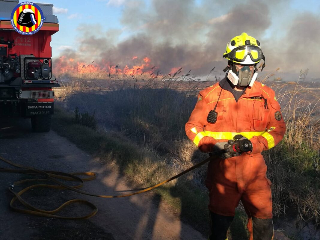 Los Bomberos del Consorcio Provincial de Bomberos extinguen un incendio en campos abandonados de la Marjal del Puig