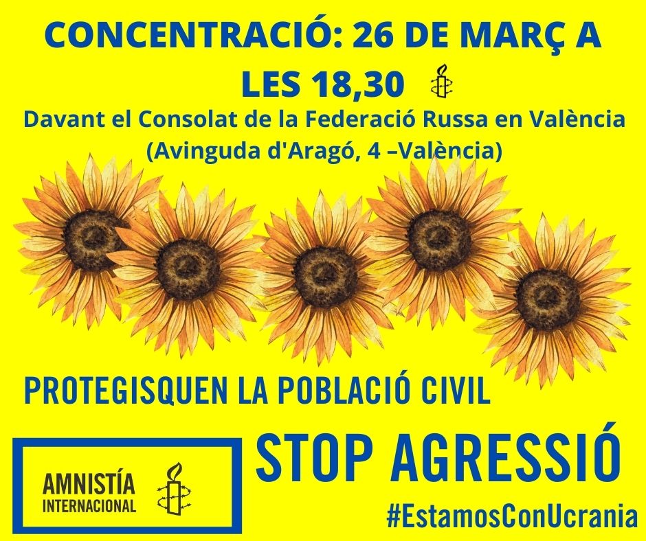 Amnistía Internacional Comunitat Valenciana convoca una concentración el próximo 26 de marzo frente al consulado de la Federación Rusa en Valencia