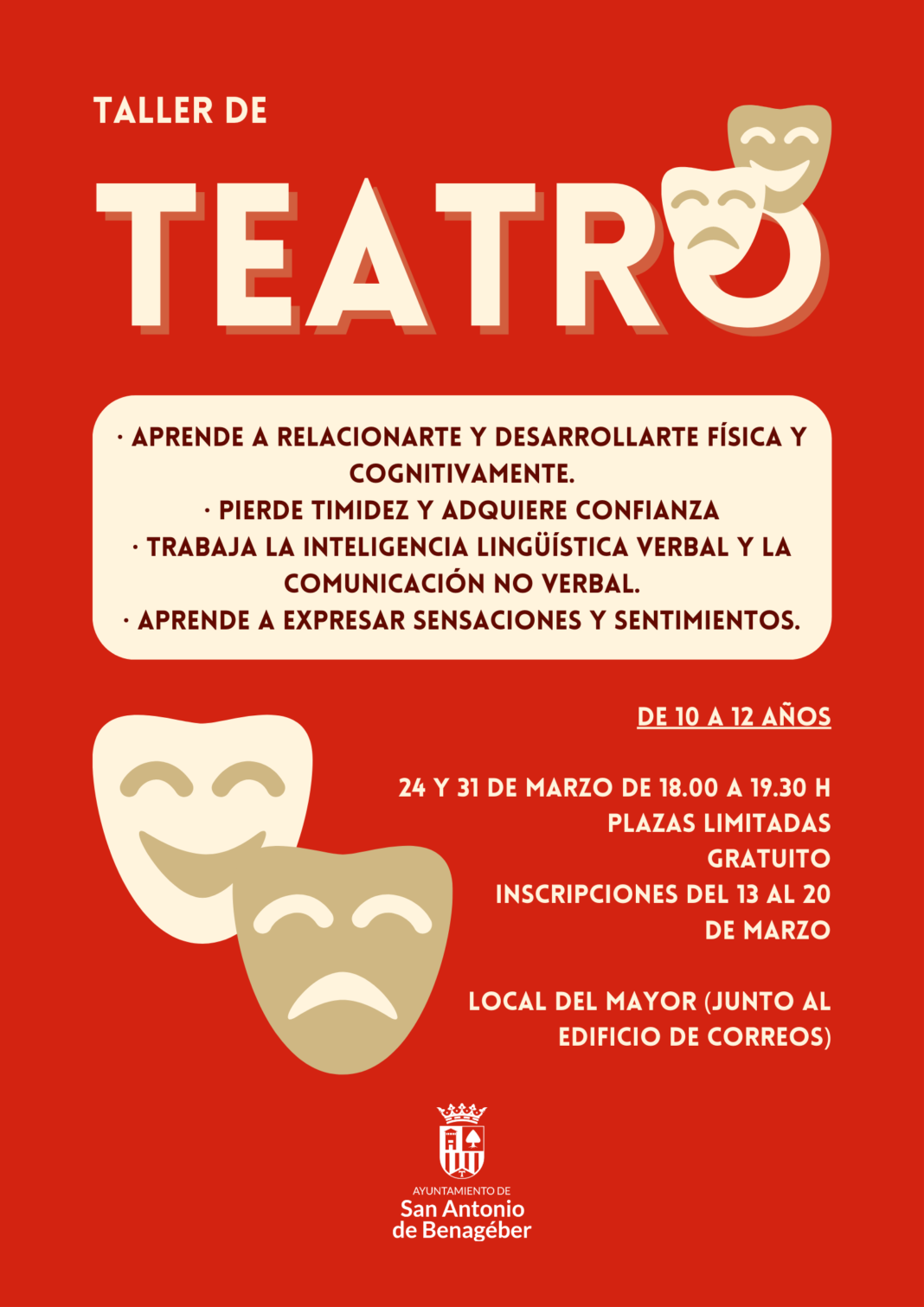El Ayuntamiento de San Antonio de Benagéber ofrece un nuevo Taller de Teatro para niños y niñas