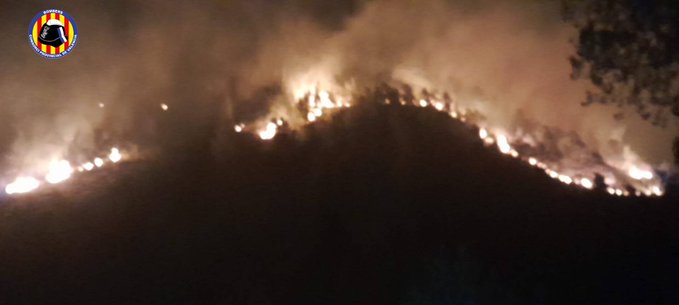 Los bomberos del Consorcio Provincial de Valencia luchan contra un Incendio Forestal declarado esta noche en Genovés