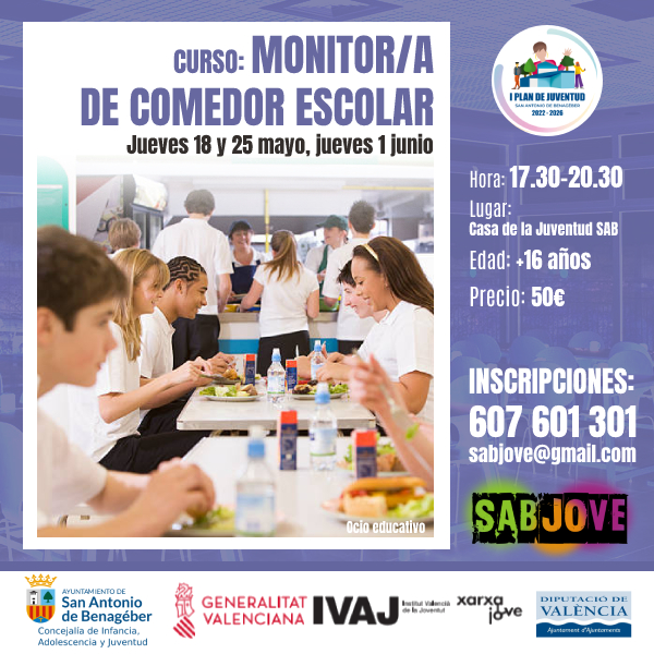 El Ajuntament de San Antonio de Benagéber a través de Sabjove organiza un curso de monitor/a de comedor escolar