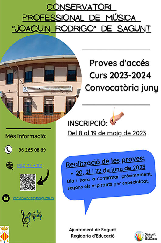 El Conservatorio Profesional de Música Joaquín Rodrigo de Sagunto abre el período de inscripción para las pruebas de acceso de cara al próximo curso
