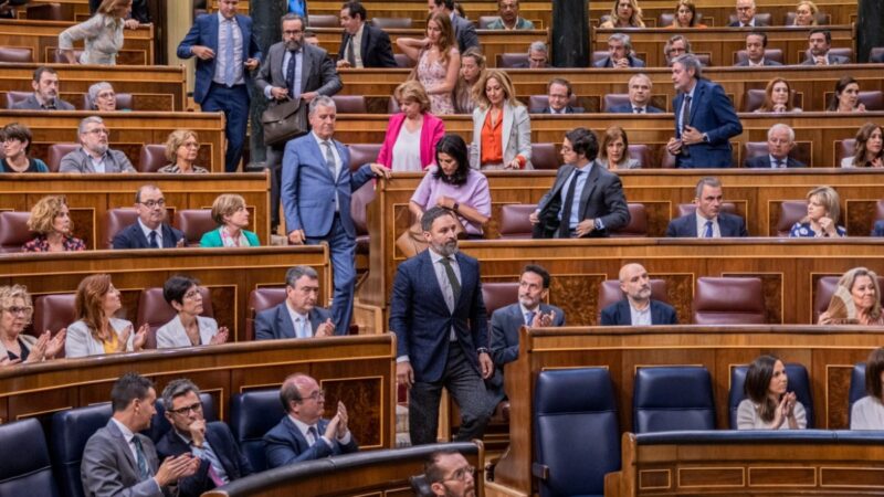Santiago Abascal y el resto de diputados de VOX abandonan el hemiciclo en señal de protesta por la presencia de Gustavo Petro