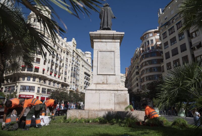 Parques y Jardines poda y replanta la vegetación de la plaza del Ayuntamiento con motivo del 9 d’Octubre