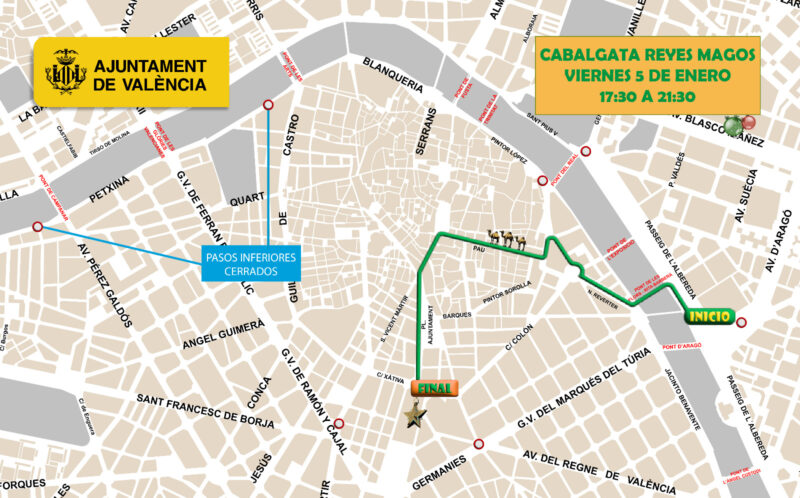 Cortes al tráfico rodado para recibir la Cabalgata de los Reyes en el centro de Valencia