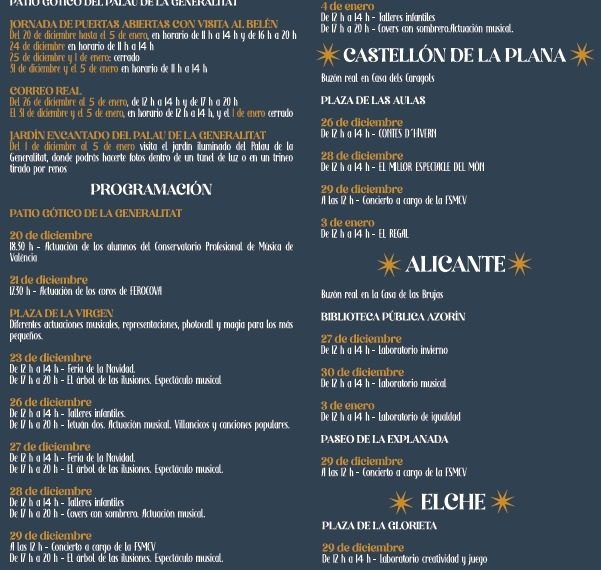 La Generalitat programa conciertos, talleres infantiles, espectáculos de iluminación y la visita del cartero real durante las fiestas navideñas