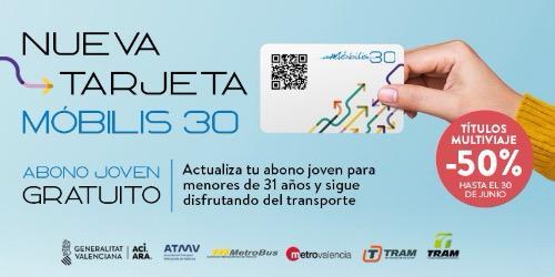 La Generalitat amplía hasta el 31 de mayo el plazo de validez de la actual tarjeta de transporte joven gratuito para garantizar la recepción de la nueva Móbilis30