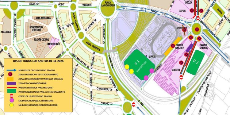 Plano del operativo municipal en torno al cementerio de Torrent durante la festividad de Todos los Santos.