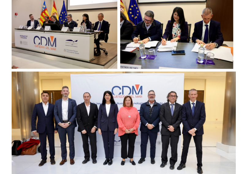 Representantes de Marina Port Valencia, la UPV, la Universidad de Alicante y la Autoridad Portuaria durante la firma del convenio de la Cátedra del Mar