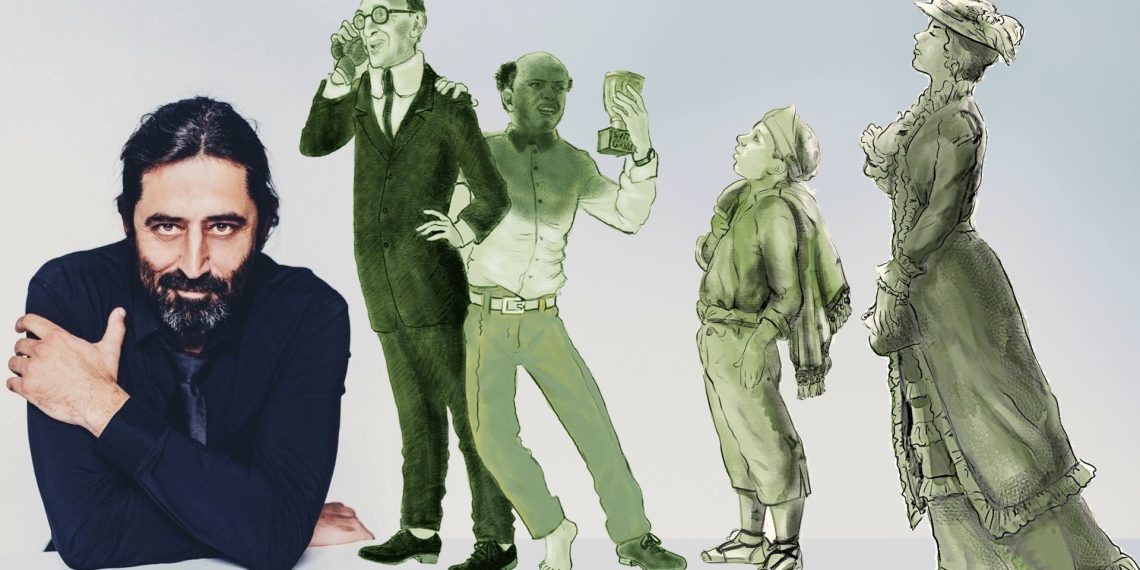 El escultor Alfredo Llorens y los bocetos de las figuras.