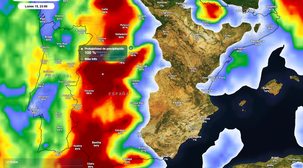 Mapa de previsión de lluvias intensas en el este peninsular, según Meteored.