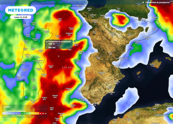Mapa de previsión de lluvias intensas en el este peninsular, según Meteored.