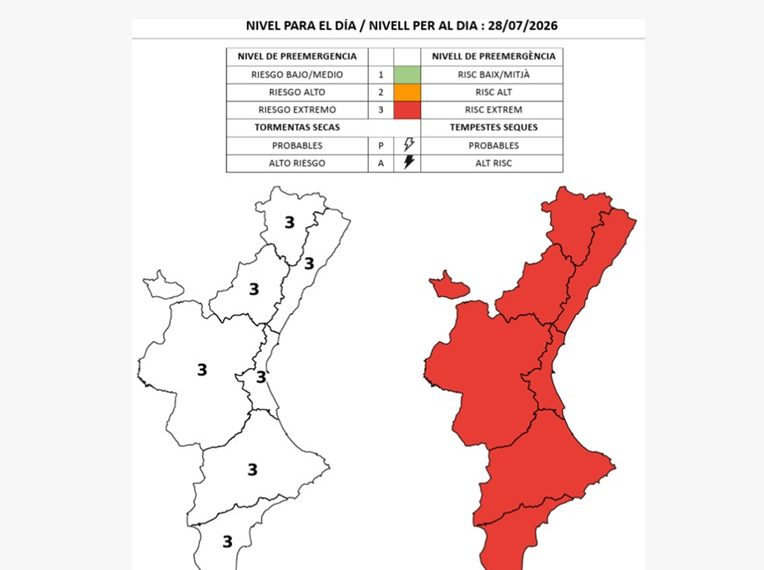 La Comunitat Valenciana activa el nivel extremo de riesgo de incendios en parte de su territorio para este martes